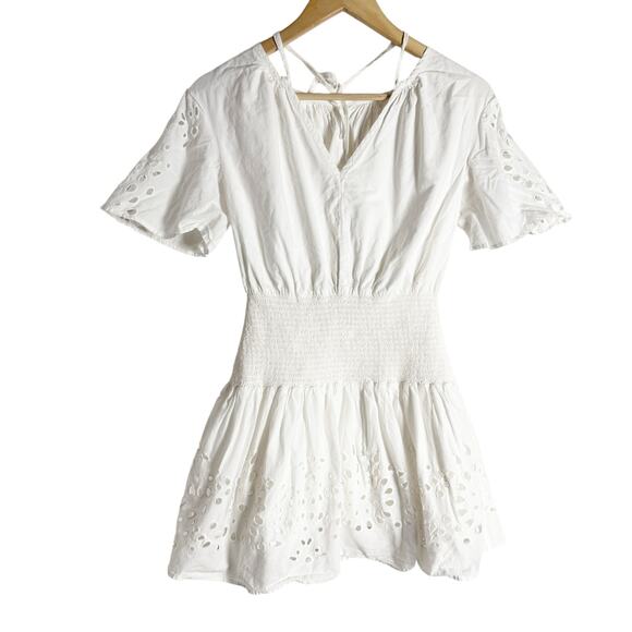 Thakoon White Eyelet Smocked Short Sleeve Cut Out Summer Mini Dress Size 0 - Picture 6 of 15